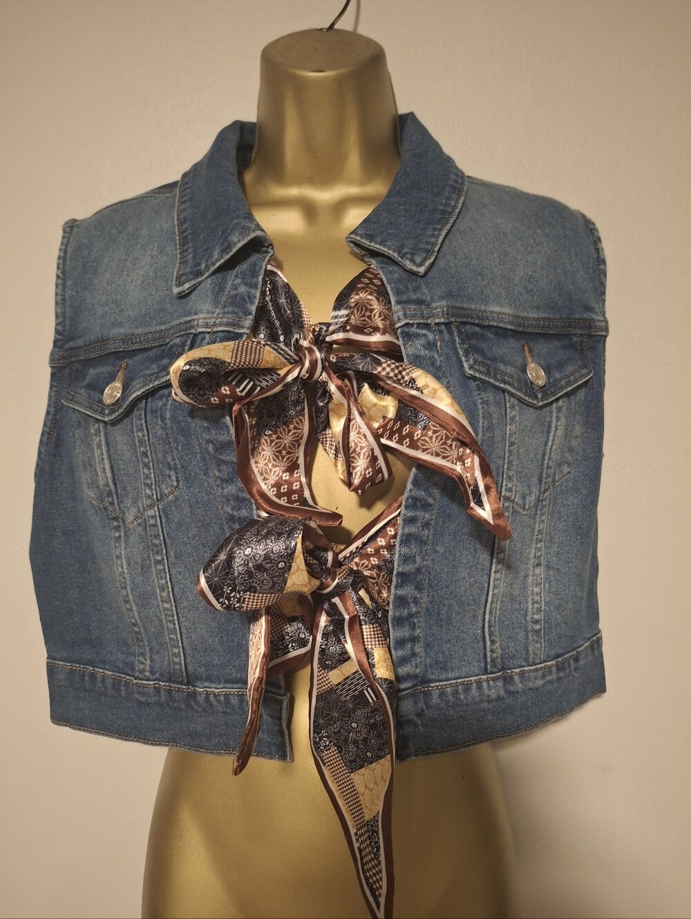 Cropped Denim Vest with Patterned Scarf Tie - Blue